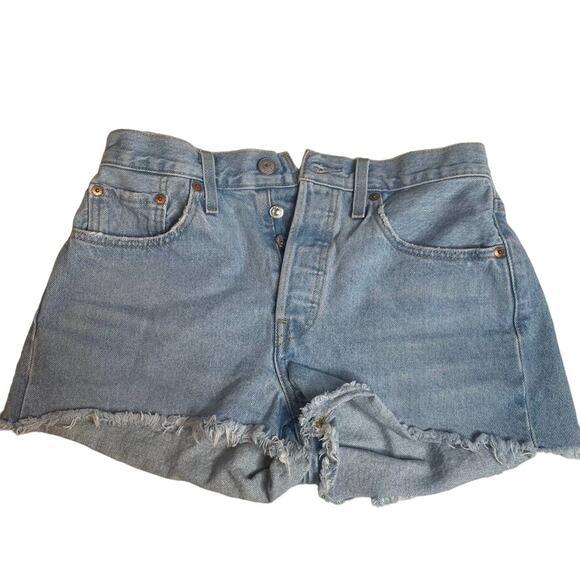 LEVIS Light Wash 501 High Rise Button Fly Blue Jeans Cutoff Shorts 27 - Picture 1 of 4